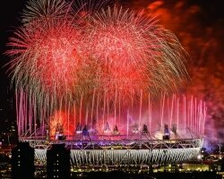 This is a photo of fireworks over the Stratford Olympic Stadium during the Closing Ceremony of the London 2012 Games.
