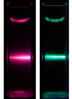 Photos of glowing tubes of nanoparticles